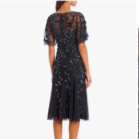 Adrianna Papell Jewel Neck Short Flutter Sleeve Floral Beaded Sheath Midi Dress - Picture 4 of 16